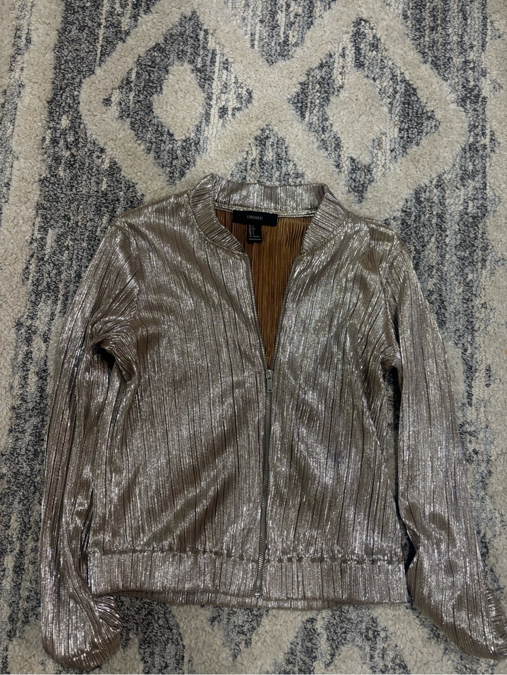 Forever 21 Metallic Silver Ribbed Zip-Front Bomber Jacket